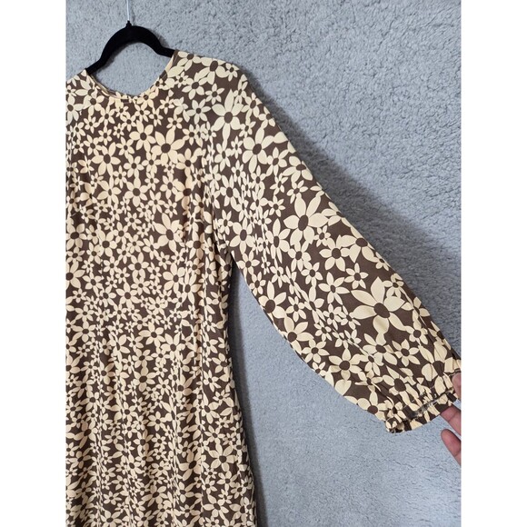 Julie Brown Silk Maxi Dress S Brown Beige Ditsy Floral Modest Peasant Bloomcore - Picture 3 of 10